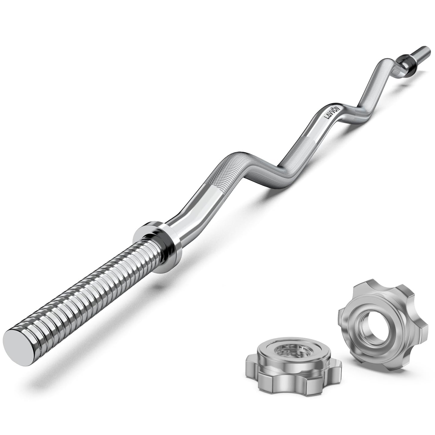 47" EZ Curl Bar Weight Lifting Bar, 1-inch Curling Bars for Weight lifting, Barbell bar for Hip Thrusts/Squats/Lunges for Gym and Home, With 2 Star Double Risk Star-nuts (220lb Weight Capacity) (Silver)