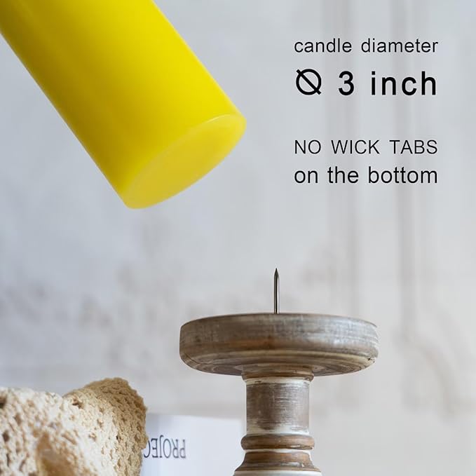 MOZEAL 3" x 4" Hand-Poured Unscented Yellow Pillar Candles,Dripless Candles Set of 3,Smokeless,Clean Burning,Approx 60 Hours Burn Time,Wedding,Spring,Christmas and Home Decor（3 Inch Width Series）