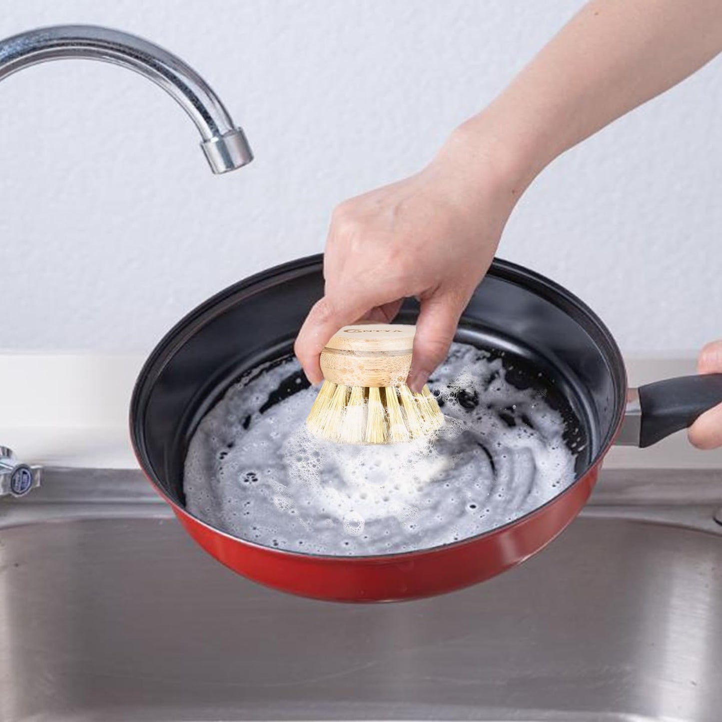 Bamboo Dish Brush with Handle - Soft Bristle, Non Toxic Vegetable Brush Scrubber for Food Compostable & Sustainable Kitchen Scrub Brush for Dishes, Pots and Pans