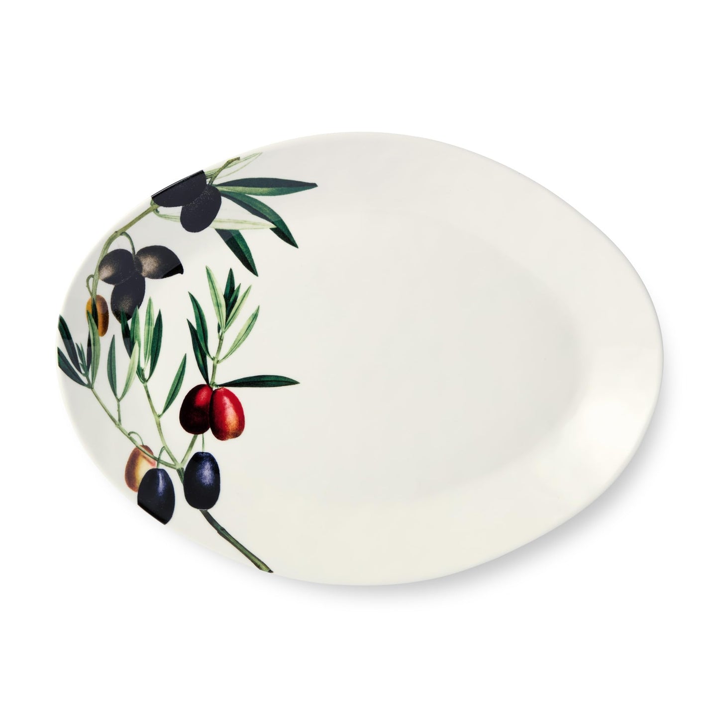 Olivia 16-Inch x 12-Inch Stoneware Oval Platter - Mediterranean Olive Branch Design with Vibrant Green and Earthy Tones, Perfect for Serving Appetizers and Main Courses