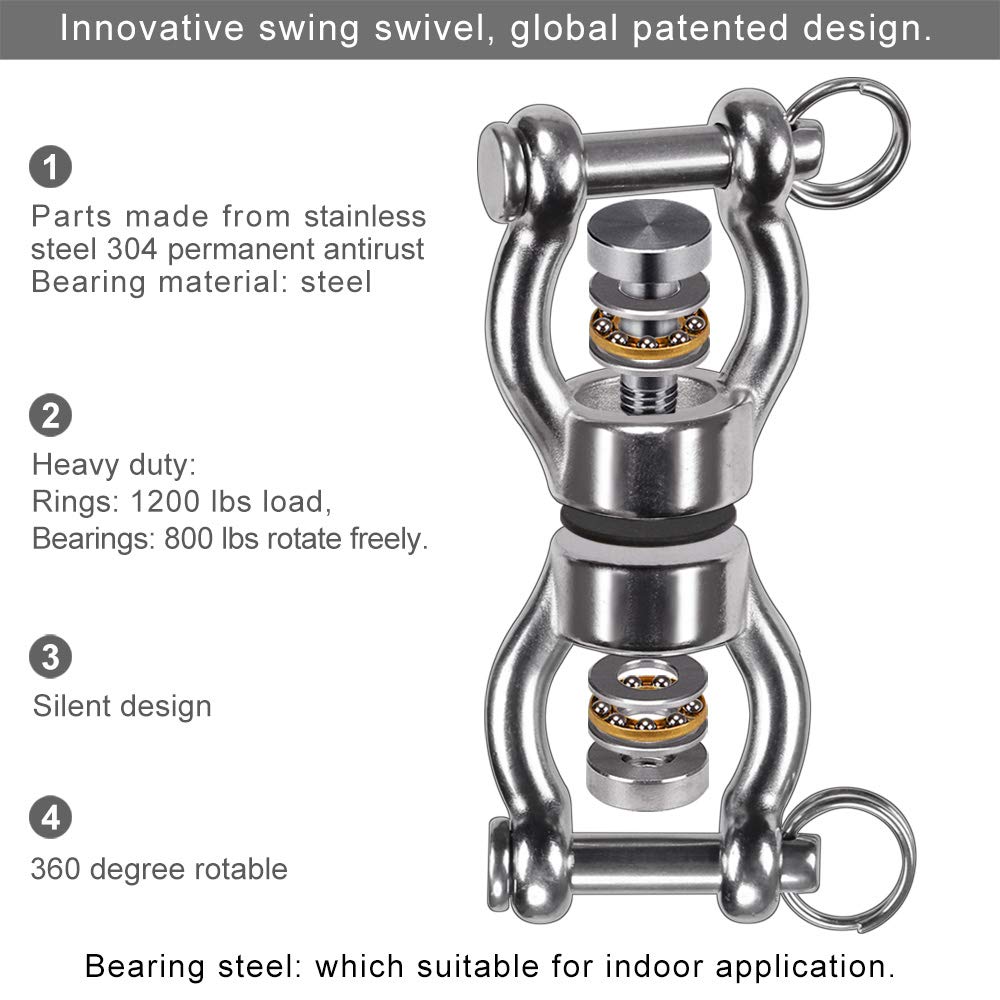 SELEWARE Silent Bearing Swing Swivel, 360° Rotational Device Hanging Accessory with Removeable Buckle for Tree Swing, Hammock Chair, Climbing Rope, Yoga, Kids Swing Swivel 1201LB Capacity