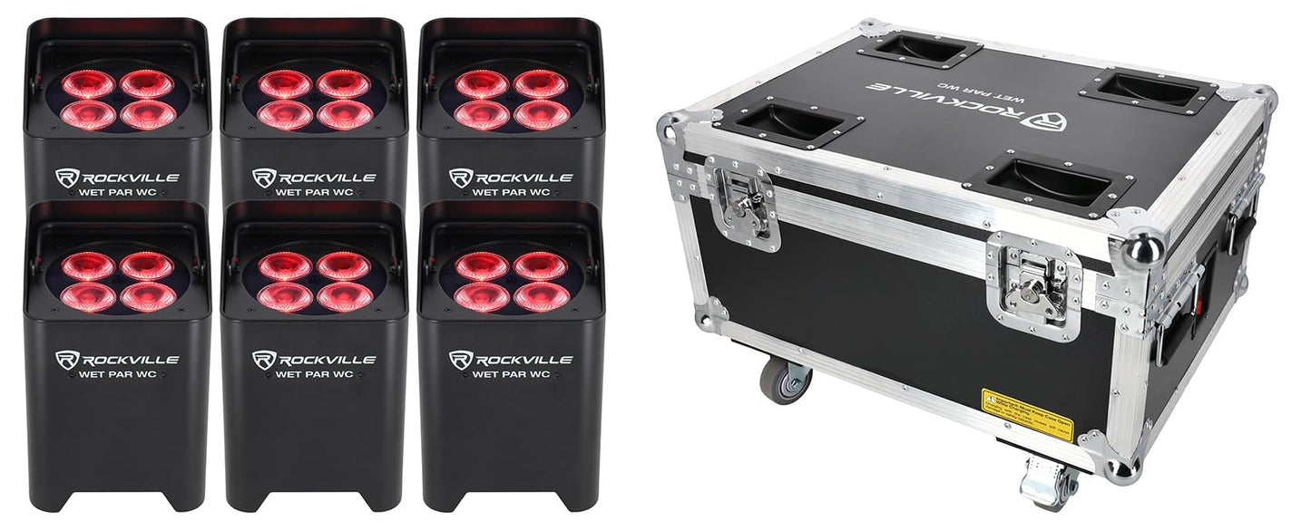 Rockville Wet PAR WC Package Black 18W RGBWA+UV Par Wash Lights, Wireless Charging Case, IP65 Water-Resistant, App-Controlled, for DJ Events and Venues (6 Lights)