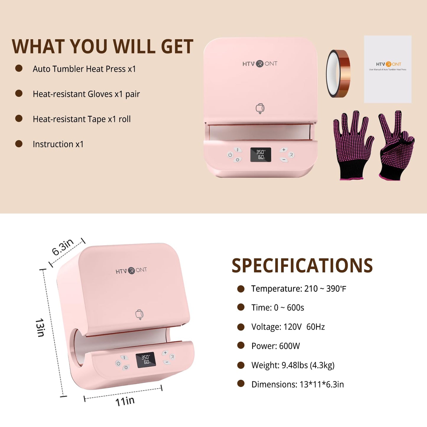 HTVRONT Auto Tumbler Heat Press Machine - Mug Heat Press Heat Up Fast & Even, Professional Tumbler Press High-Security for 2.9-3.2inch Sublimation Tumblers, Cups, Glasses and Mugs (Pink)