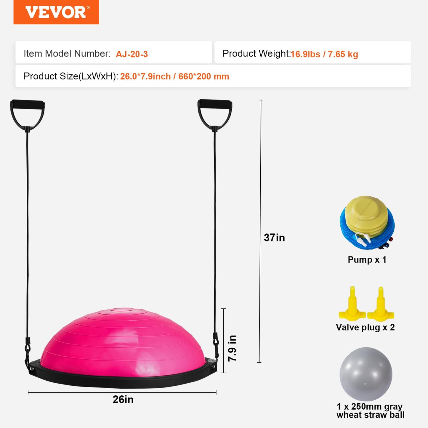VEVOR 26-inch Half Exercise Ball Trainer, 1500 lbs Capacity Balance Ball, Includes Resistance Bands and Pump, Ideal for Full Body Workouts, Yoga, and Strength Training at Home Gym, Pink