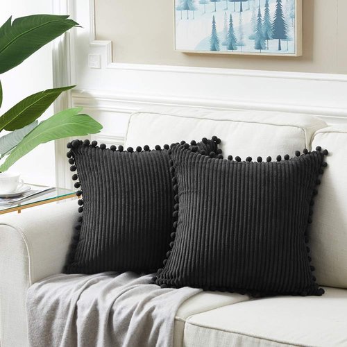 Fancy Homi Decorative Throw Pillow Covers - Set of 2 Black Pom-Pom Cushions | 12x12 Inch Soft Plush for Modern Farmhouse Decor