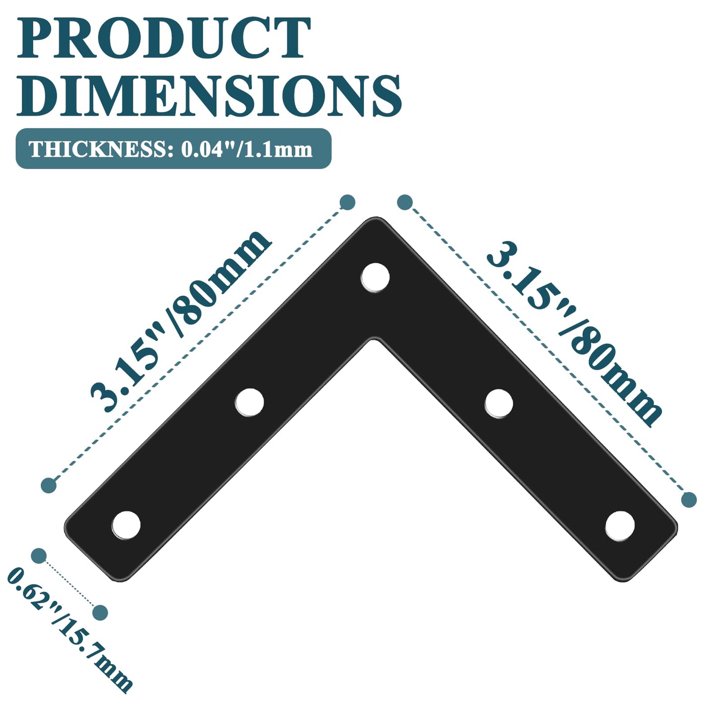 Rierdge 12 Pcs 3.15" x 0.62" L-Shape Corner Brace Brackets, 90°Angle Flat Mending Repair Plates Corner Brackets with Screws, Black