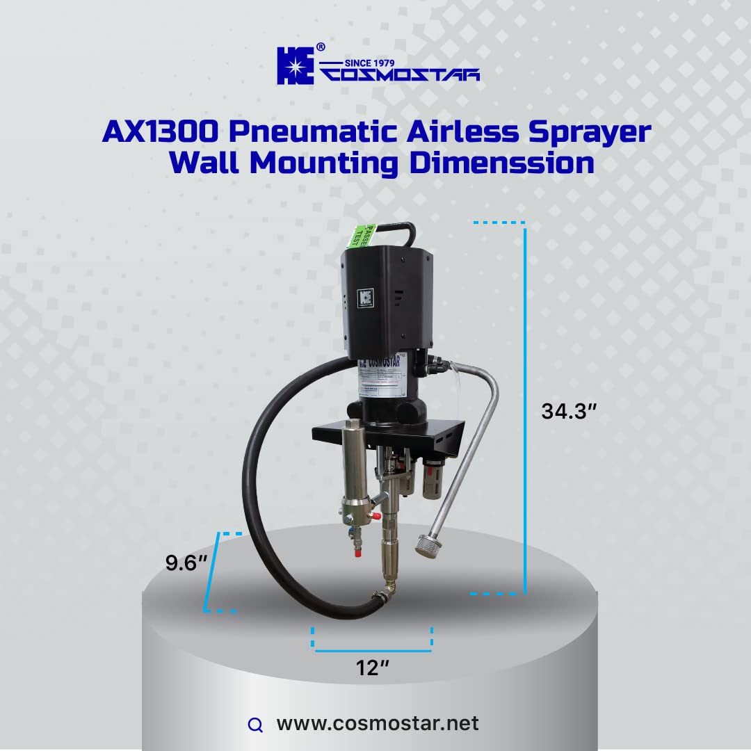 Cosmostar AX1300 30:1 Pneumatic Airless Sprayer, Max Fluid Working Pressure 3600 PSI, High Efficiency Paint Spray, Powerful Machines for Protective coatings. Wall Mount Set with Gun,Tip, & Hose