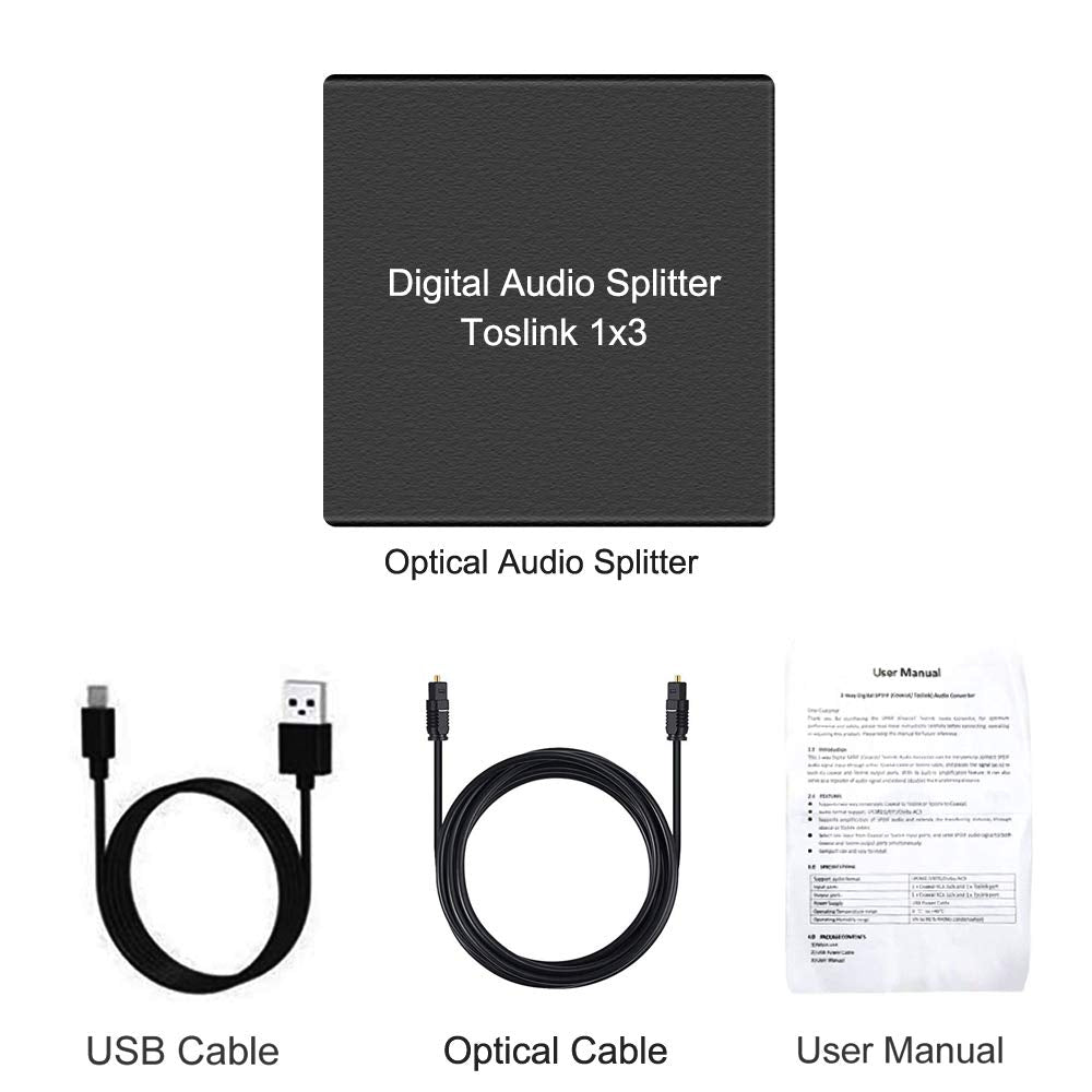 3 1 3 LPCM 2.0/DTS/Dolby PS4, Port Toslink Splitter, Digital Optical Audio Splitter Input Output, SPDIF Toslink Fiber