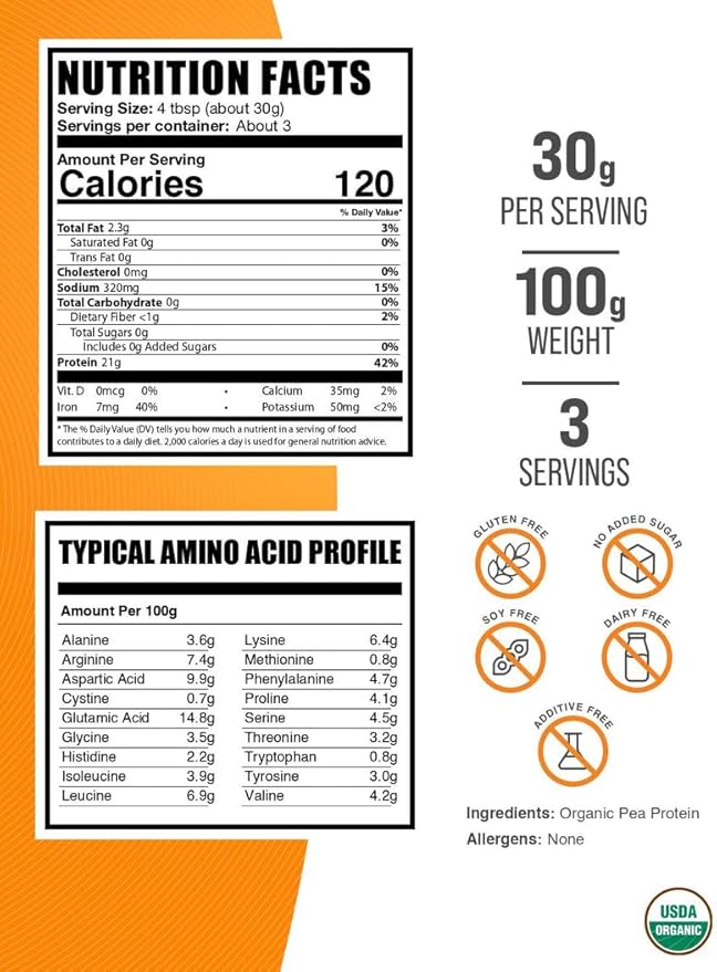 BulkSupplements.com Organic Pea Protein Powder - Plant Based & Vegan Protein Powder - Unflavored & Gluten Free, 30g per Serving, 100g (3.5 oz) (Pack of 1)