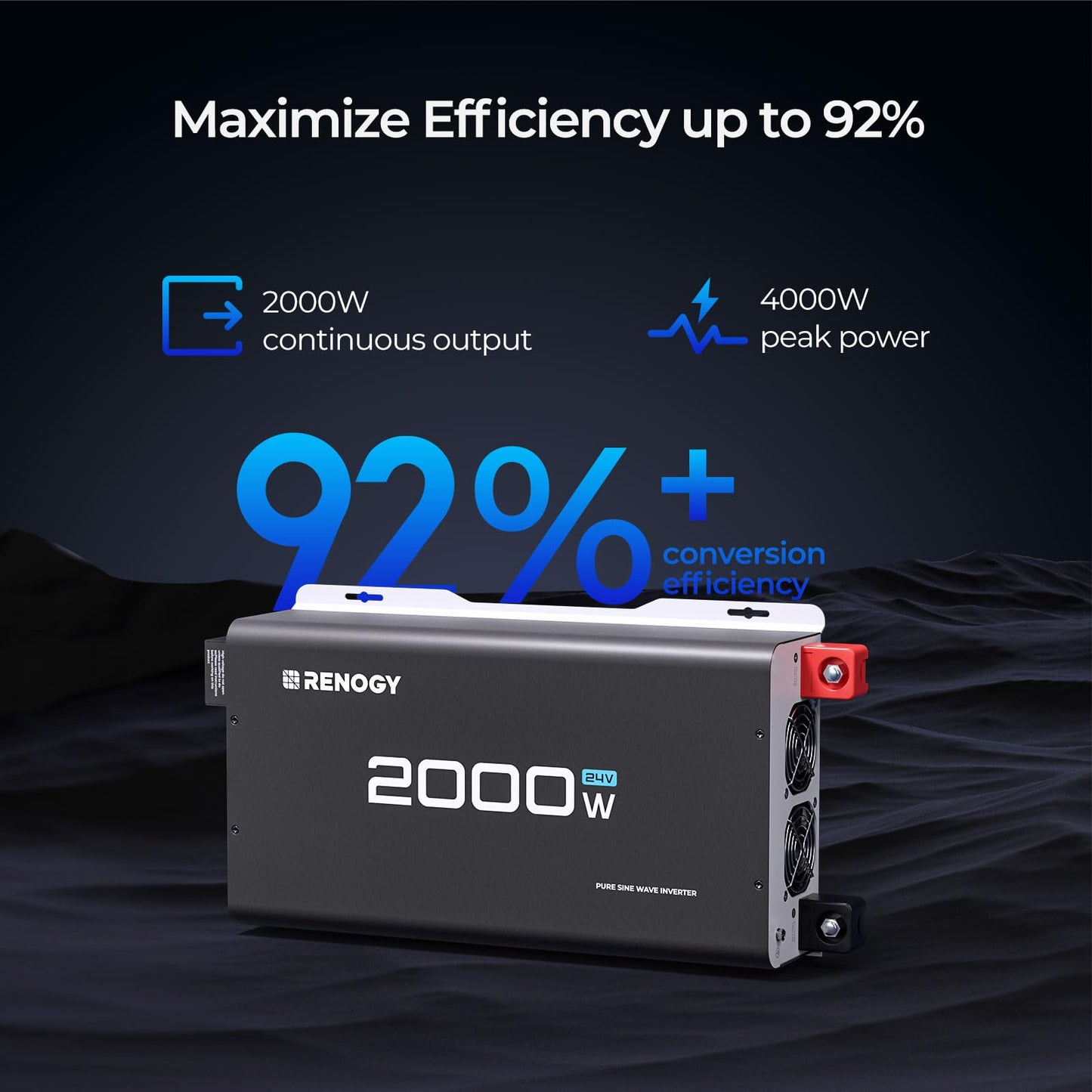 Renogy 2000W 24V Pure Sine Wave Inverter, 4000W Peak Power, 92% Energy Efficiency, with 2 AC Outputs, Remote Control, RV Truck Marine Camping