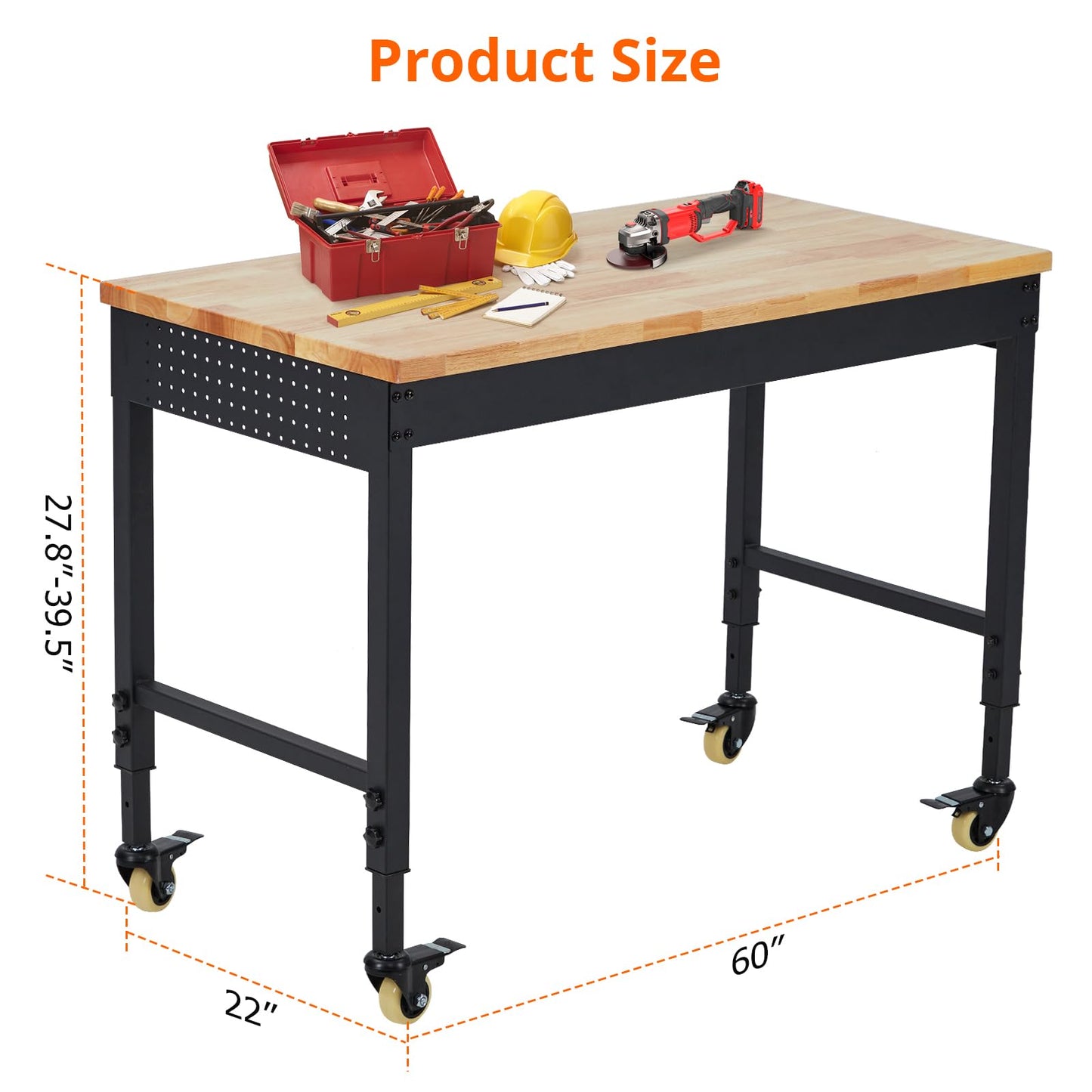 60''x22'' Heavy Duty Adjustable Workbench with Charging Station & Lockable Wheels, 2000 Lbs Capacity Rolling Workbench, Moblie Work Table for Garage Workshop DIY, Black