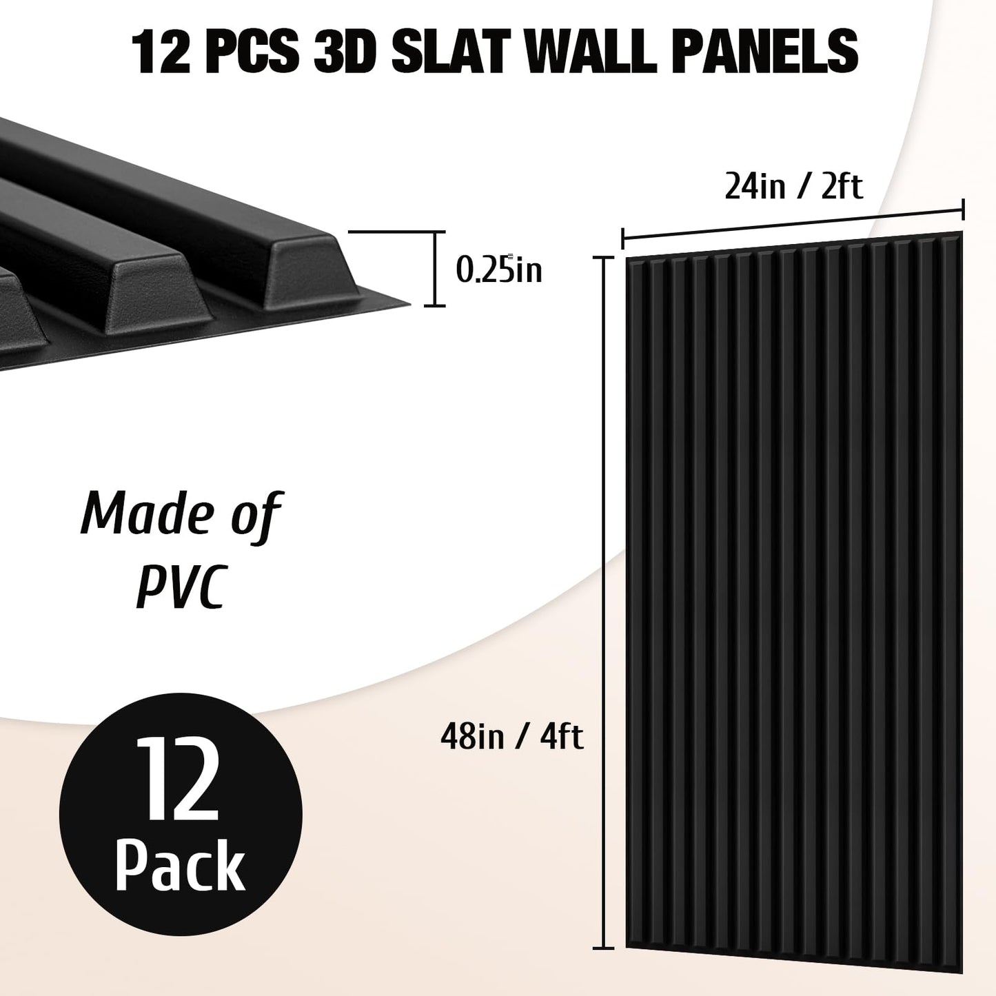 Qidejoy 12 Pcs 3D PVC Slat Wall Panels, 2x4 FT Ceiling Panels, Decorative Drop Ceiling Tiles, Fluted Textured Modern Paneling for Interior Decor, Living Room, Bathroom, TV Background, Office (Black)