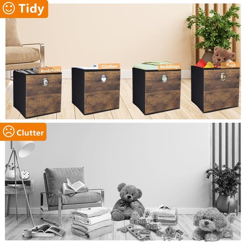 Folzaelar 4 Pack Durable Storage Cube Bins with Decorative Wood Grain,Thickened Fabric Box,Storage Basket for Shelves,Closet,Storeroom,Bedroom,Living Room,Nursery,Office,Dorm,RV, 12x12x12in ( (Medium)