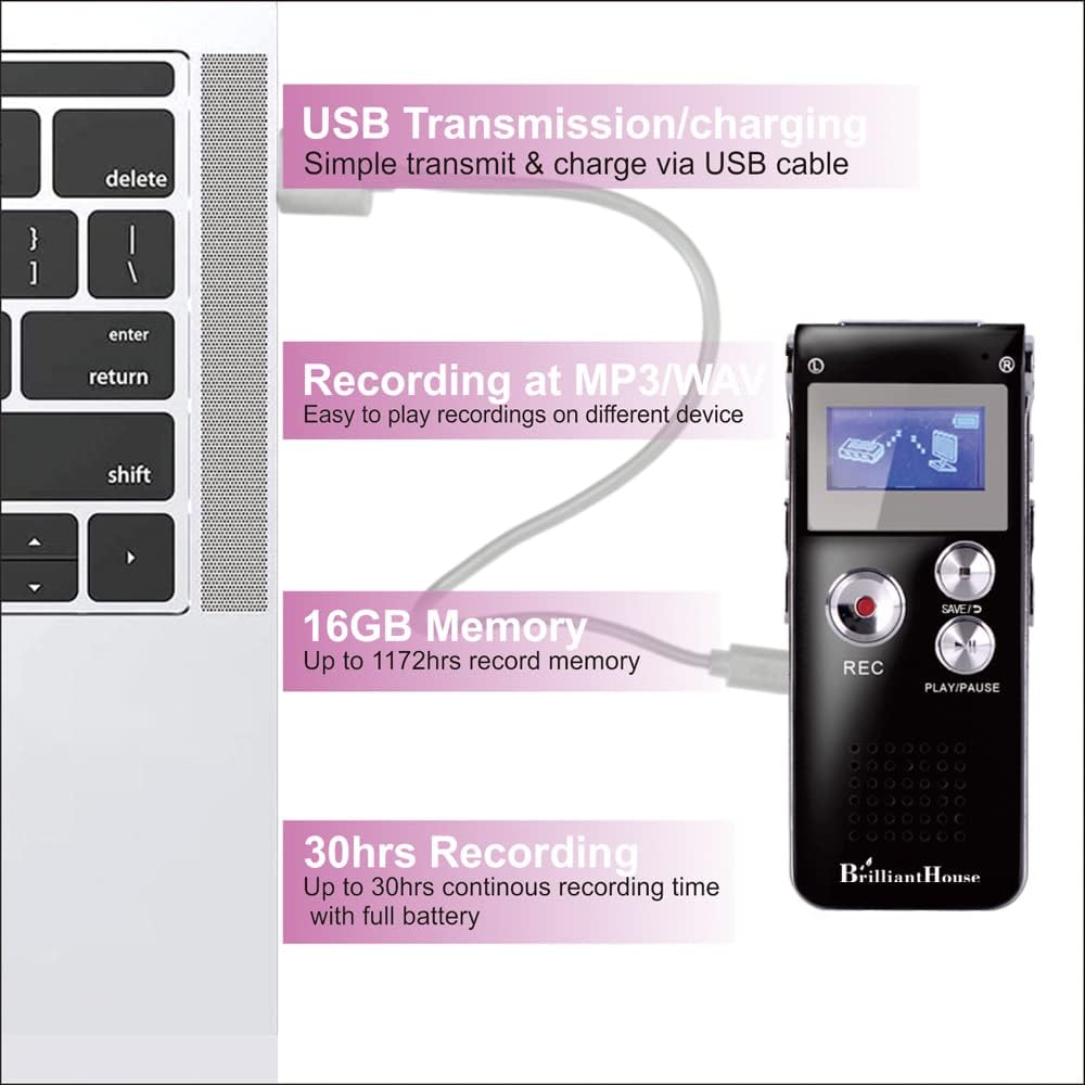 BrilliantHouse 16GB 1536KBPS MP3 Digital Voice Recorder Voice Activated Recorder with Playback Upgraded Portable Tape