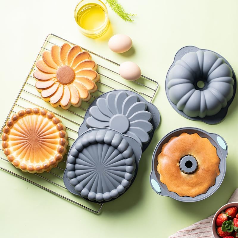 Skiennix 4 Pack Silicone Fluted Pans - Non-Stick Baking Molds for Cakes, Bread & Jello