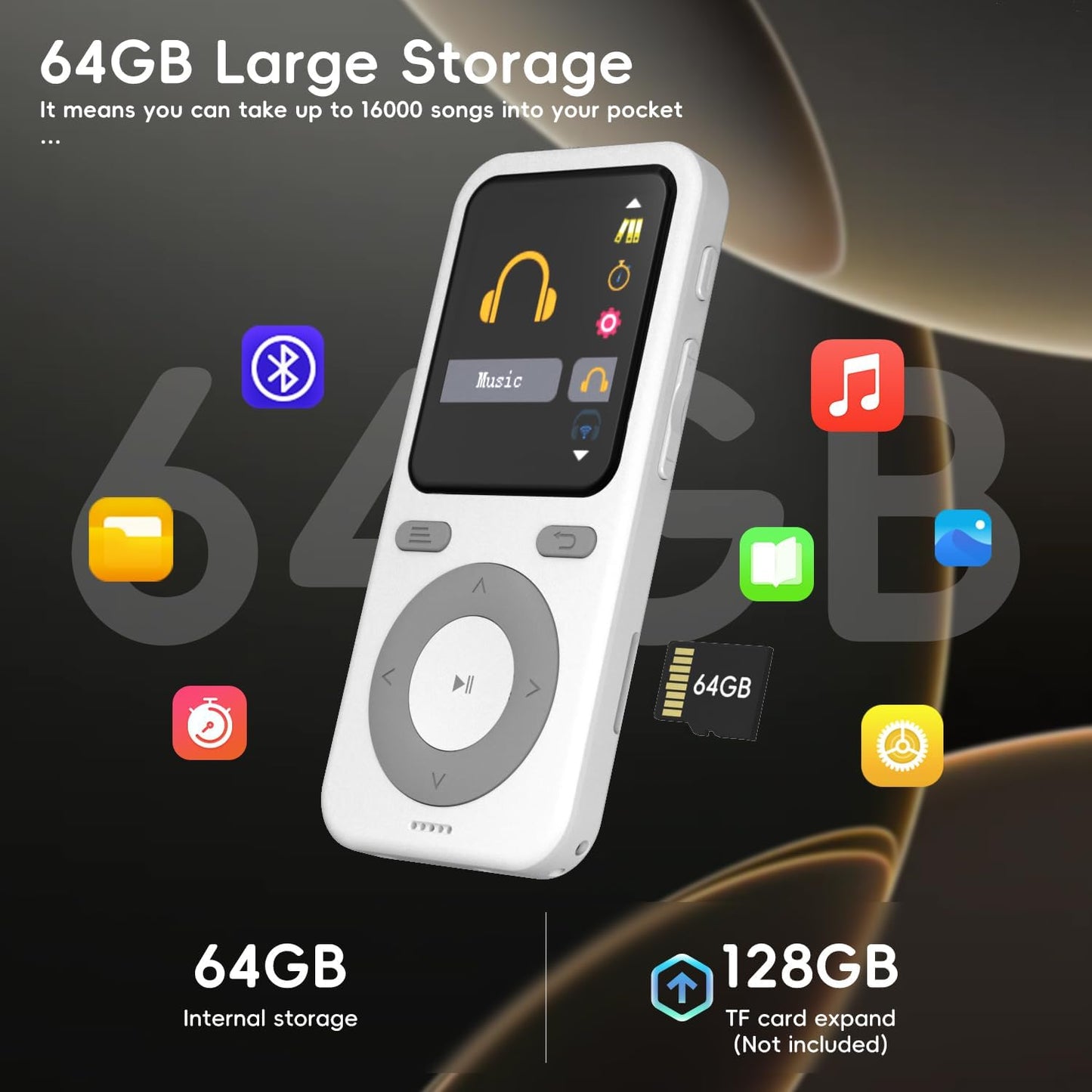 wiwoo 64GB MP3 MP3 128GB(Earbuds Player with Bluetooth,Portable HiFi Lossless Sound Bluetooth Player with Speaker,Voice
