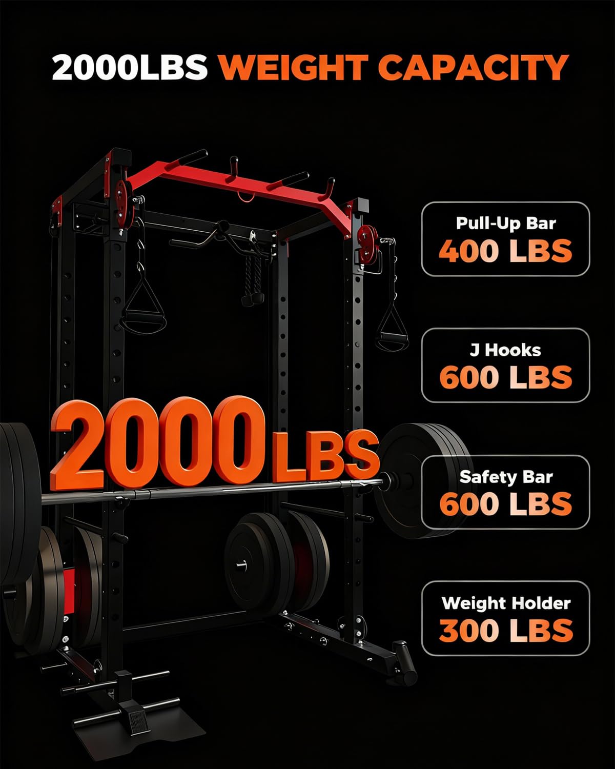 GarveeLife Power Cage, All-in-1 Home Gym with LAT Pulldown & Cable System, 2000LBS Squat Rack for Home & Garage & Apartment Use, Workout Cage with More Attachments (Orange