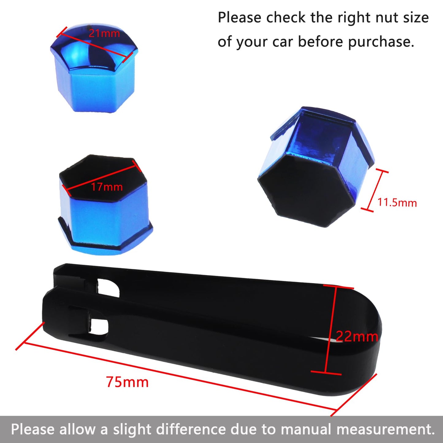 Nihfien 20 Pcs Wheel Lug Nut Covers, 17mm Universal Anti-Rust Car Tire Nut Caps, Hexagonal Plastic Tire Bolt Caps with Removal Tool (Blue)