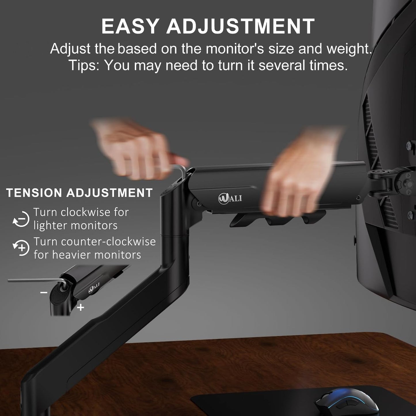 WALI 17-49 Inch 33 Lbs, 75/100mm (GSM001XLN), Heavy Duty Single Monitor Arm for Flat Curved Ultrawide Screens, up