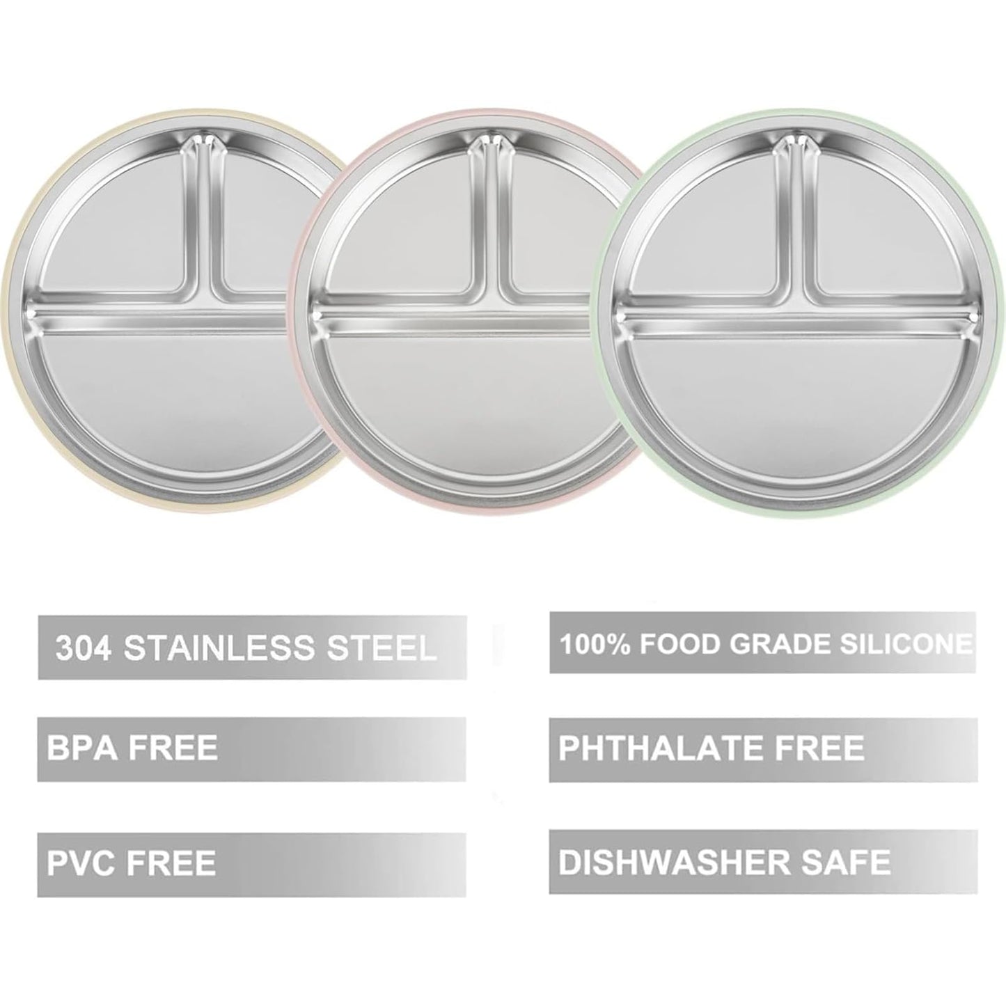 PandaEar 3 Pack Stainless Steel Toddler Plates with Suction, Divided Plates with Removable Silicone Sleeve for Babies & Toddlers（Pink/Green/Linen）