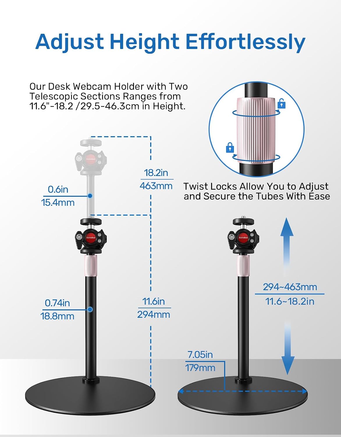 Borenbuir 4K C922 C930e C920S C920 C960 C920x 1/4" Webcam Stand for Desk, Height Adjustable, Desktop Webcam Tripod