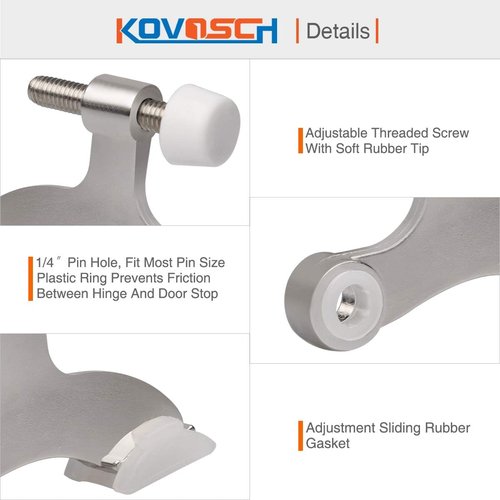 Hinge Pin Door Stopper - Adjustable Heavy-Duty Brushed Satin Nickel | 2-Pack with White Rubber Bumpers
