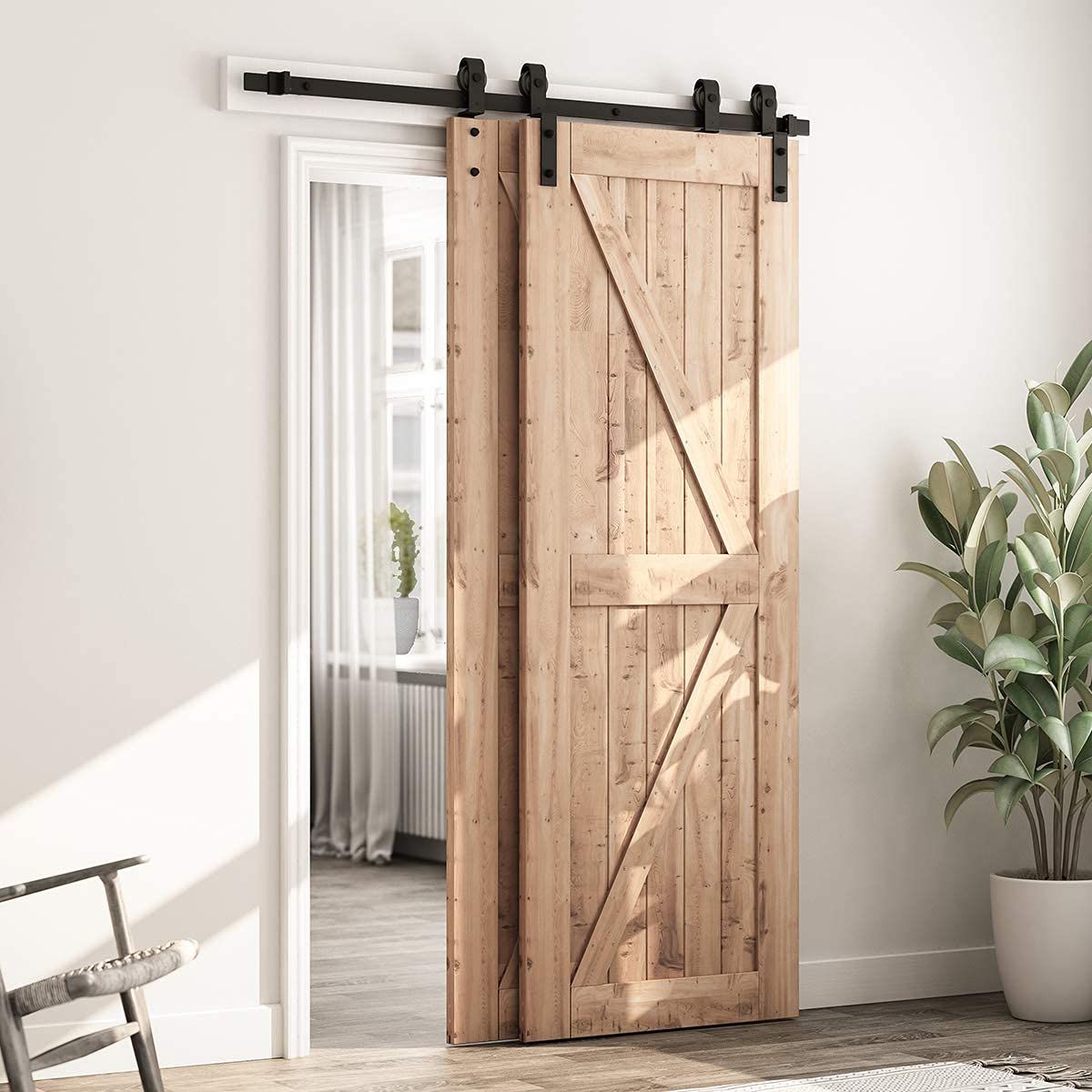 SMARTSTANDARD 5 Feet Bypass Sliding Barn Door Hardware Kit - for Double Wooden Doors-Single Track - Smoothly & Quietly - Easy to Install-Fit 48" Opening