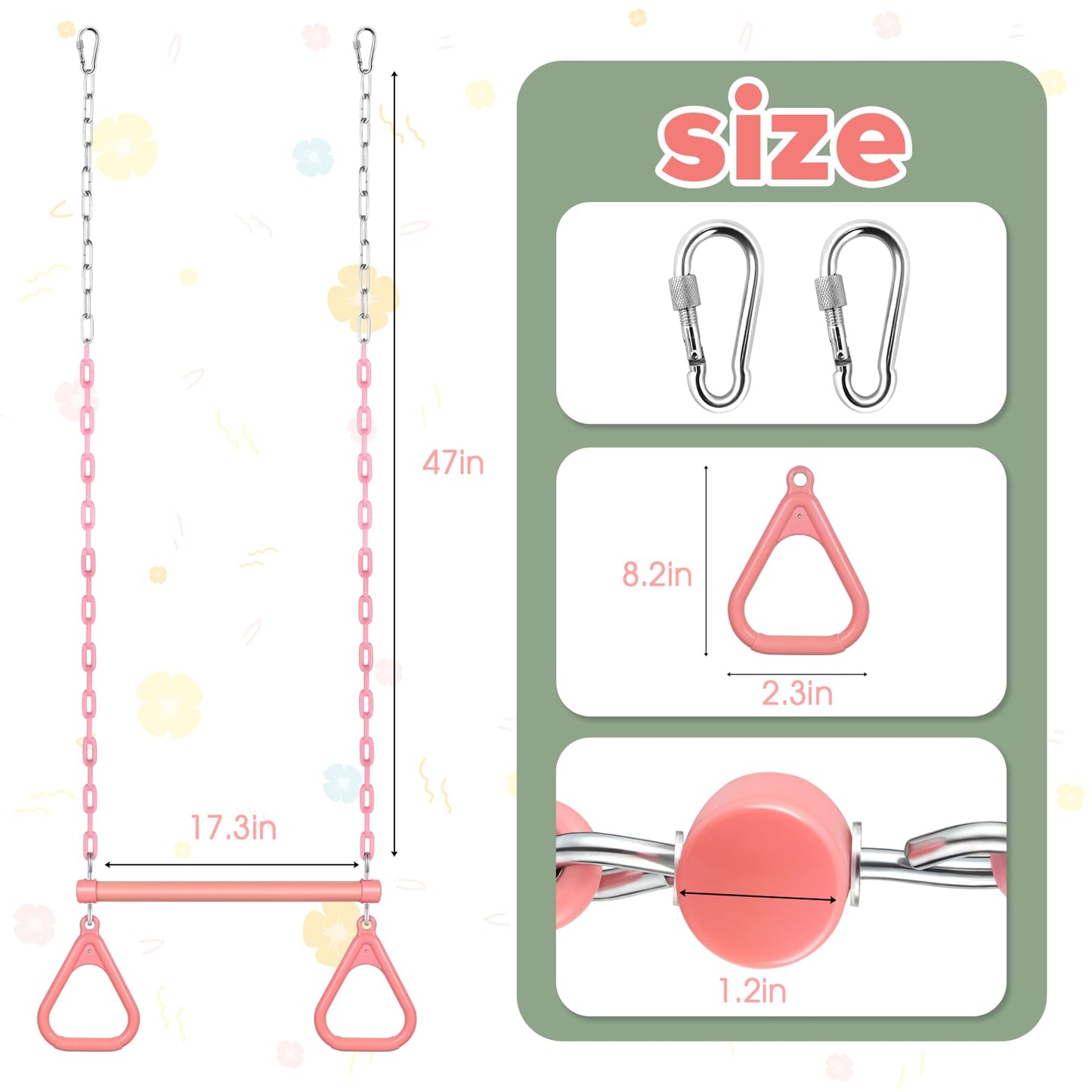 LadyRosian 17" Trapeze Bar Swing Set Gym Rings 47" Heavy Duty Chain Swing Set Accessories with Locking Carabiners Plastic Coated Chains Monkey Bars for Backyard, Playroom (Pink)
