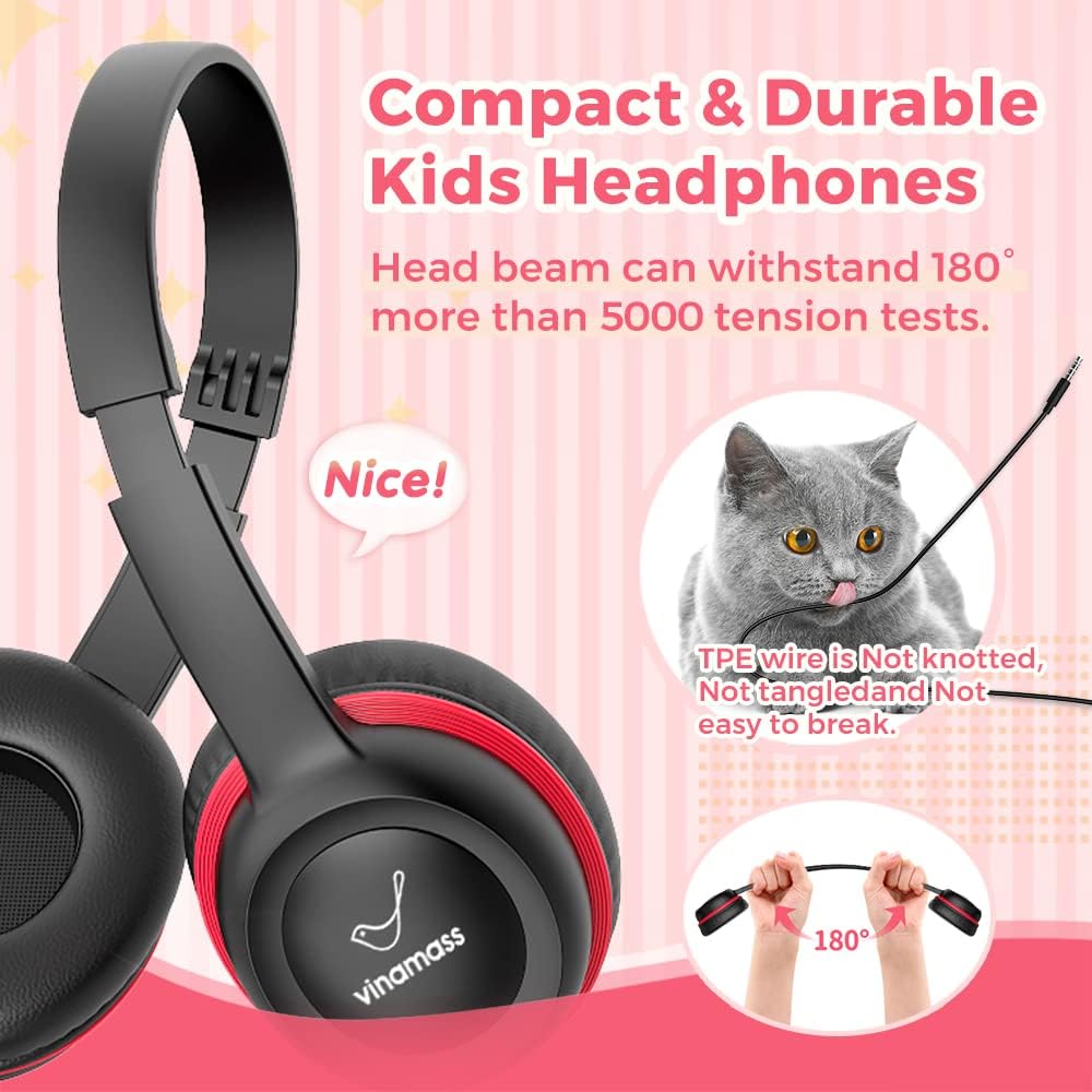 3.5mm vinamass Kids Headphones, Wired Headphones for Kid with Safe Volume Limiter, Kid Headphone with Cord Jack, On-Ear