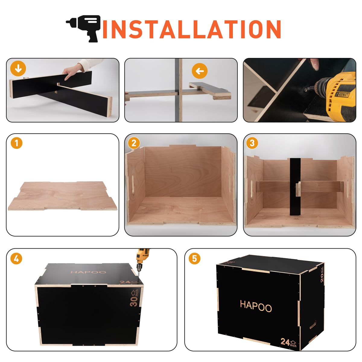 HAPOO 3-in-1 Wooden Box Jumps for Home Gym，30"x24"x20"450 lbs Boxes Step Up with Smooth Edges & Wide Built-in Handles for Jumping, Strength Training, Lunges, Squats,