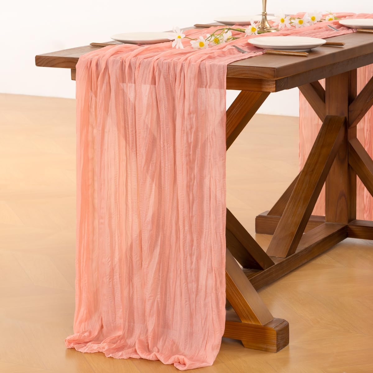 Socomi Cheesecloth Table Runner - Coral Peach Boho Style | 120-Inch for Weddings & Home Decor