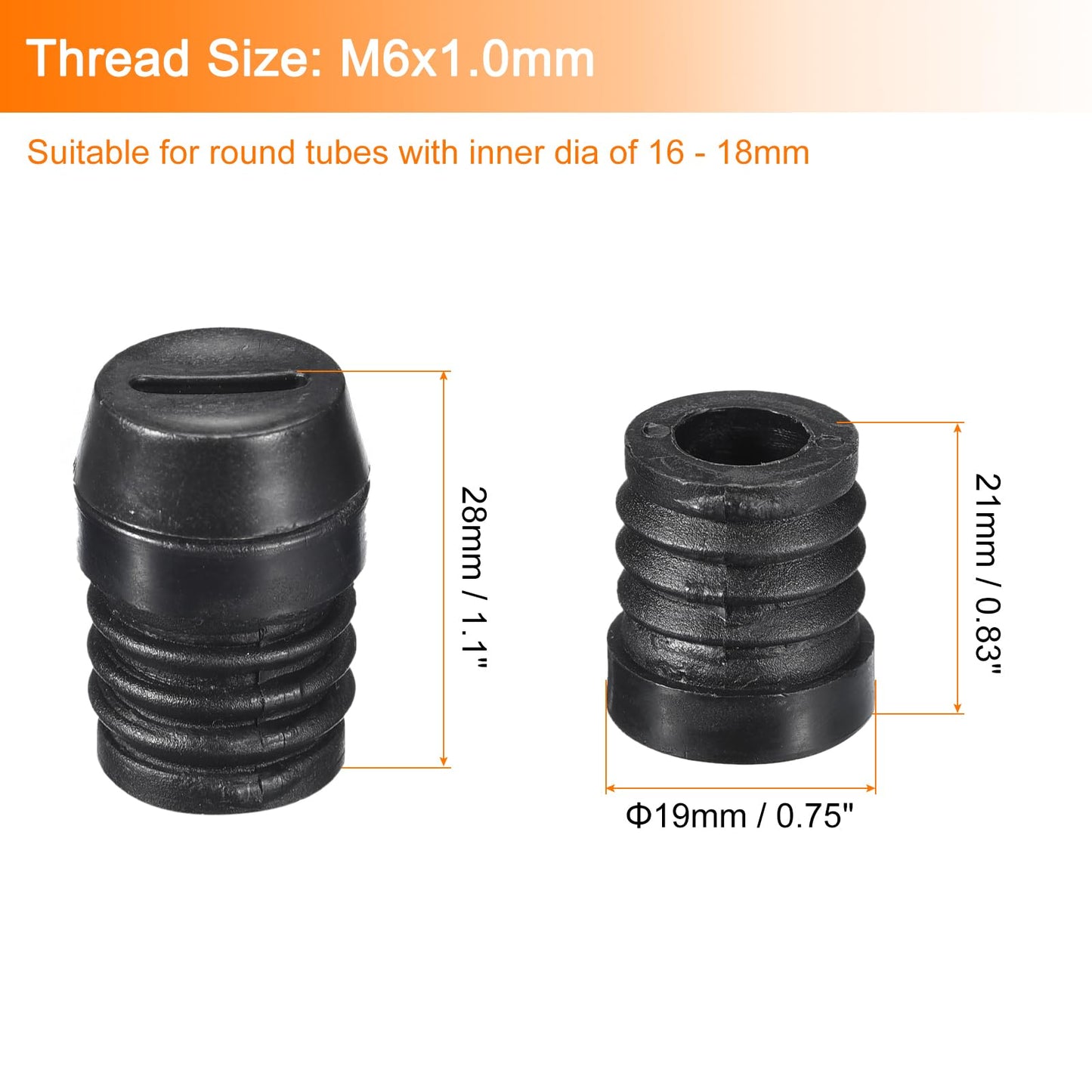 uxcell 12Pcs Inserts for Round Tubes with Leveling Feet, for 19mm/0.75" OD Round Tube, M6-1.0mm Thread Black Plastic Furniture Chair Blanking End Caps Insert Plugs