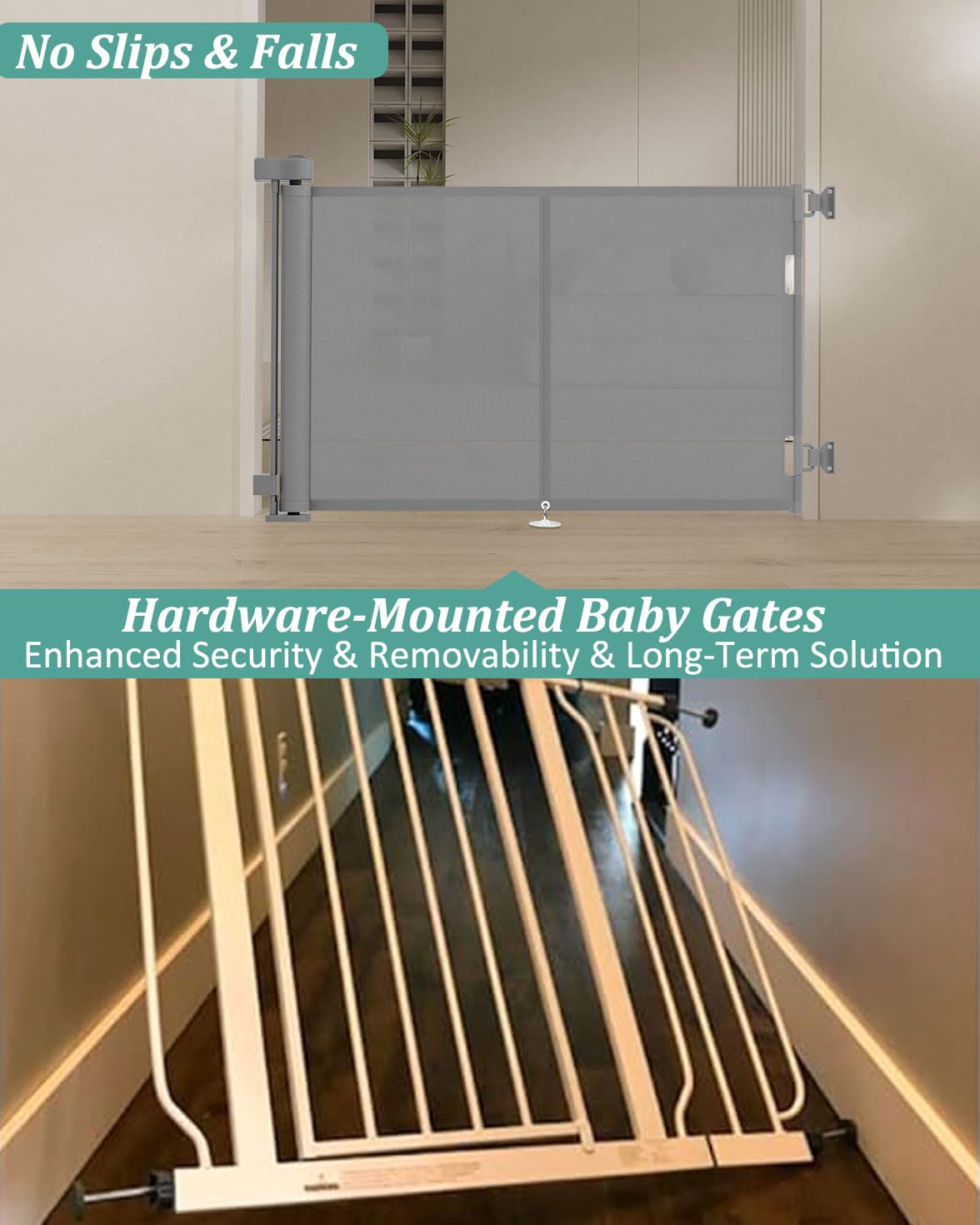 Miumoon 59 inch Retractable Baby Gates 34 inch Tall, Retractable Gate with Reinforced Strip Design to Prevent Crawling Through, 5 FT Retractable Dog Gate for Stairs, Doorways, Hallways, Indoor/Outdoor