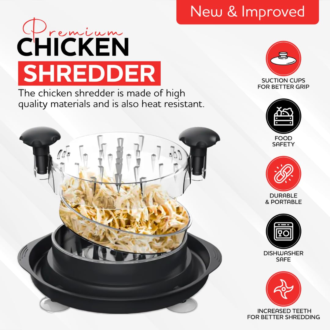 Large Chicken Shredder Tool Twist with Suction Cups, Ergonomic Handle & Strong Anti-Slip, Kitchen Gadget for Shredding Chicken Breast, Pork & Beef, Visible Meat Shredder Machine with Transparent Lid