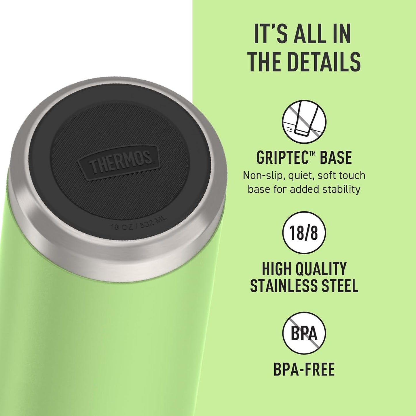 THERMOS Icon Series Water Bottle - 18 Ounce Stainless Steel, Lime - Vacuum Insulated with Spout