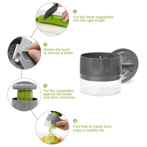 3-in-1 Vegetable Spiralizer Slicer, Adjustable Mandoline Spiral Cutter for Zucchini Noodles, Carrots, Cucumber (Grey)