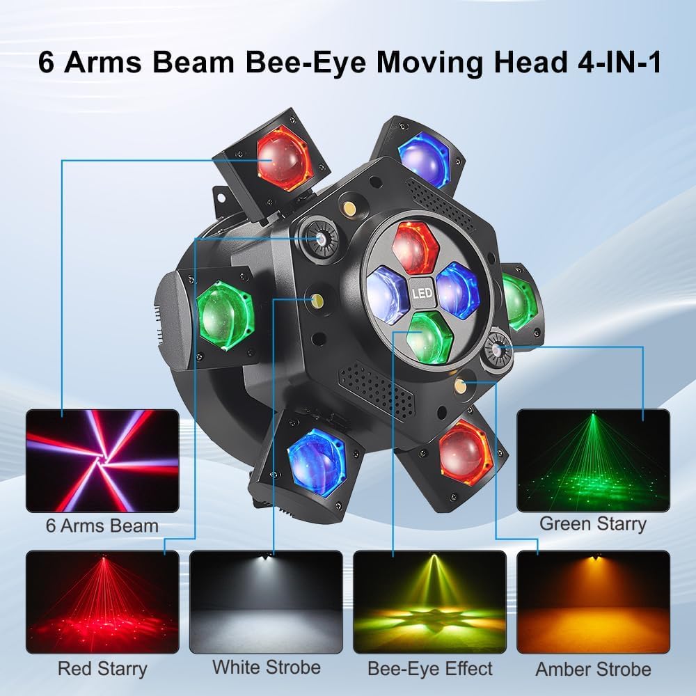 Flashback Events 150W Moving Head DJ Light – 6-Arm Spider Beam & Bee-Eye Wash Hybrid + Red/Green Laser & Amber Strobe – DMX512 & Remote Control for Wedding Stage Party Lighting
