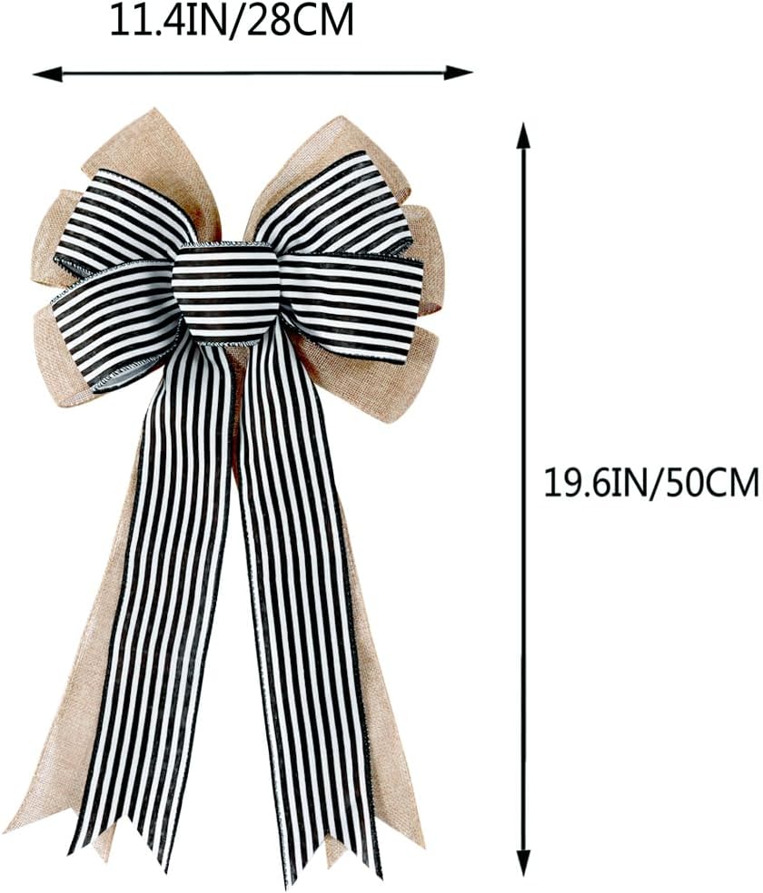 Skiennix 2 Pack Burlap Fall Bows - Black & White Stripe Decor for Wreaths, Weddings & Home