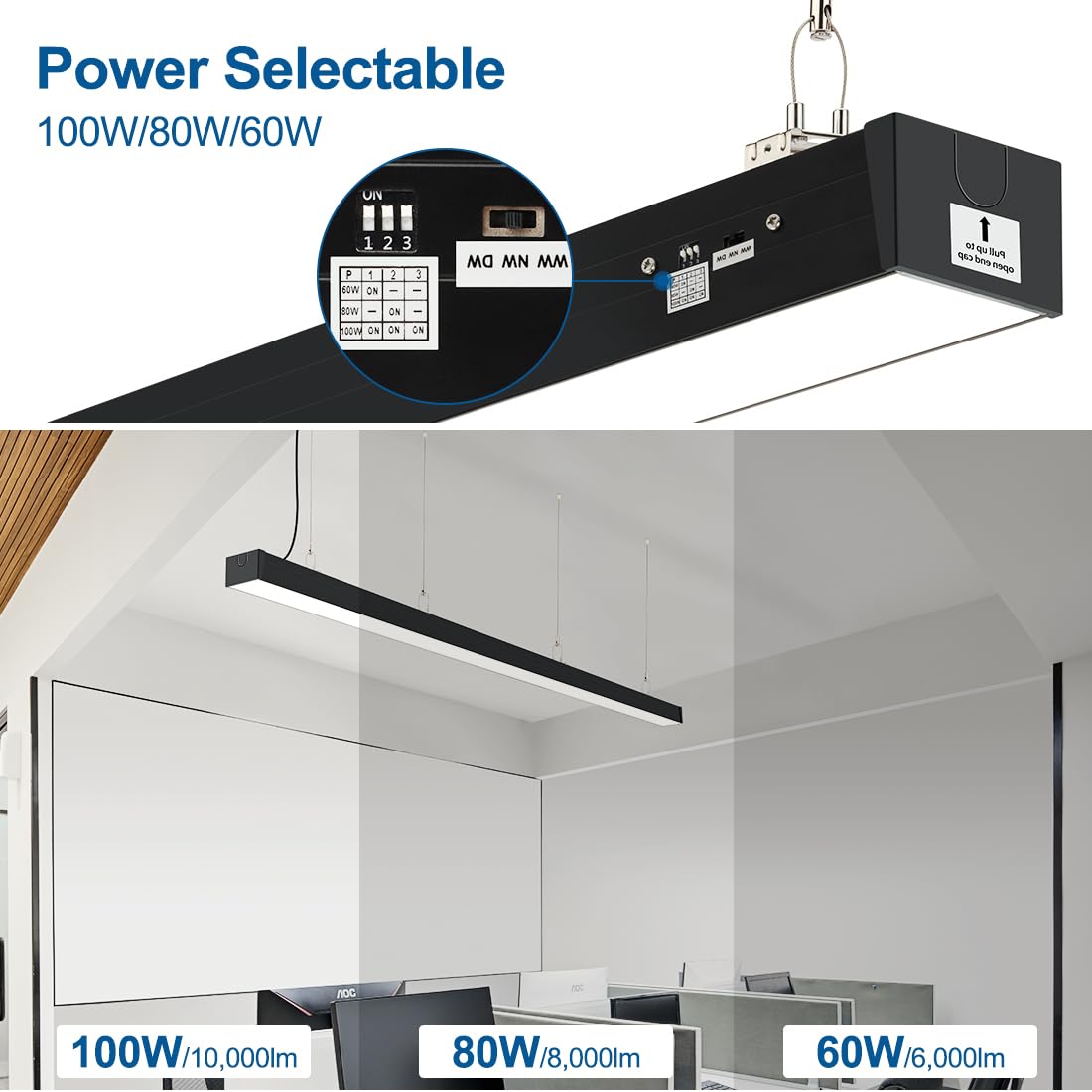 DAKASON 8FT LED Linear Light, 8Foot LED Shop Lights 100/80/60W 3/4/5000K CCT Selectable, 8Feet Commercial Bay Lighting Fixture for Office, Workshop, Gym, Market, Flush Mount Suspended ETL 4 Pack