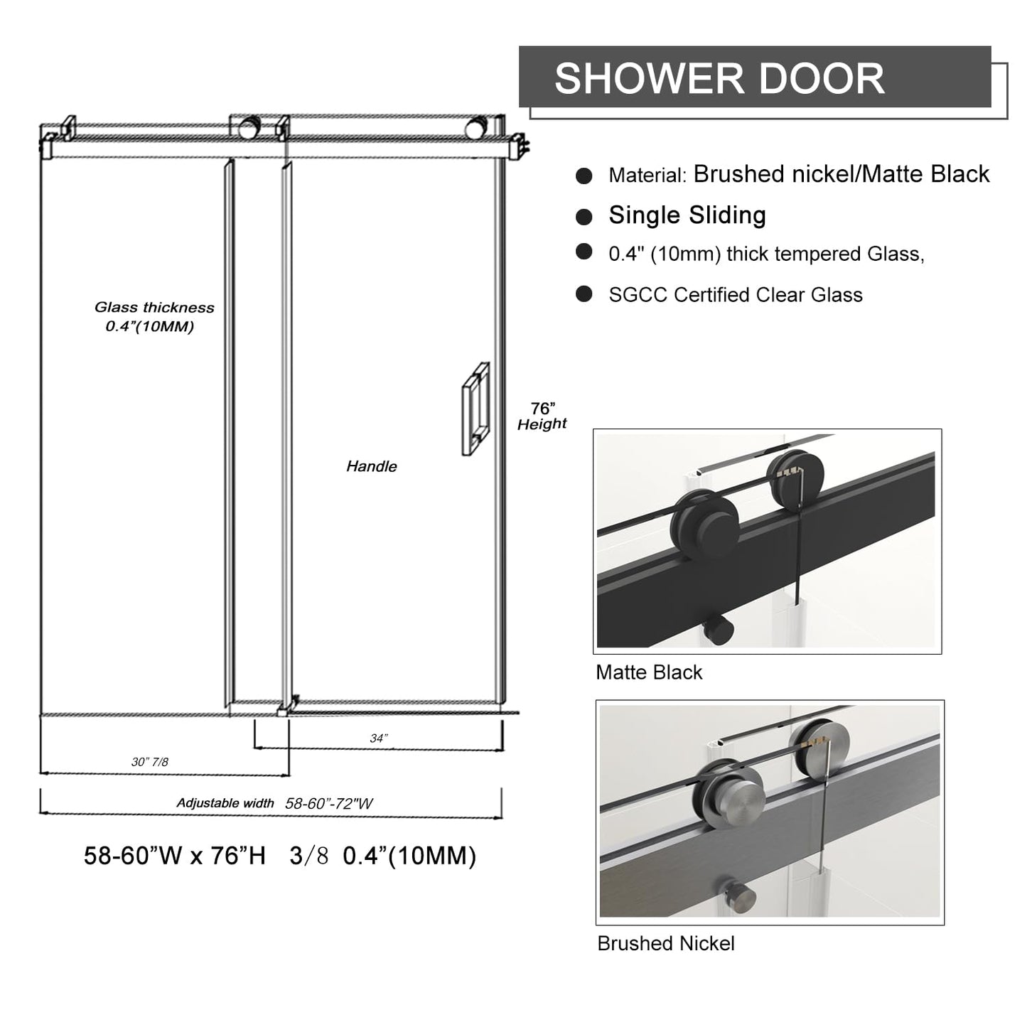56-60" W x 76" H Frameless Sliding Shower Door, Single Sliding Glass Shower Door with Buffer 3/8"(10MM) Clear SGCC Tempered Glass, Explosion-Proof Film, Roller Disk System, Rust-Resistant.