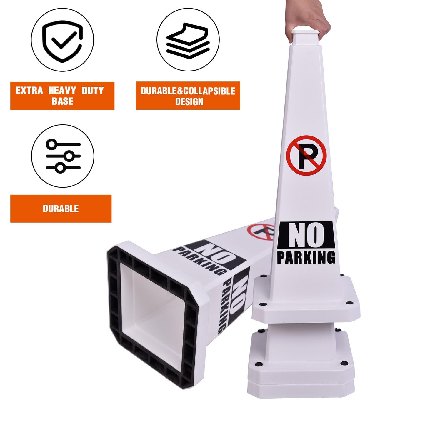 OranclUS 6 Pack 28 Inch 4-Sided Safety Cone, “No Parking” White Traffic Cone, Reflective High Visibility Durable PVC Stackable Traffic Control Cones (6, White-No Parking, 28inch Printed)
