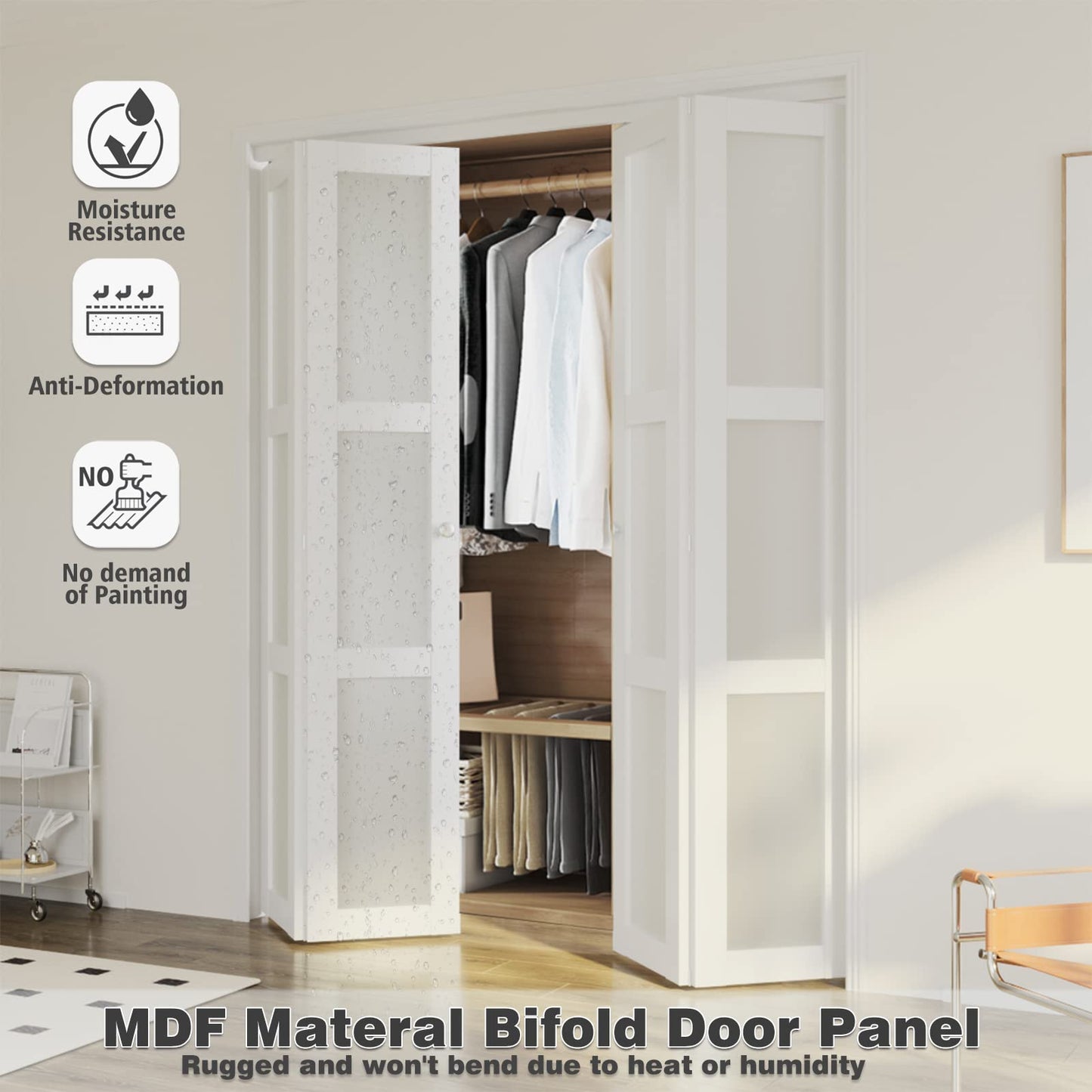 ARKHJEM Bi-Fold Door,3 Panel Frosted Glass Closet Door,for 48"×80"(Double 24"*80" Doors) Door Opening,Suitable for Closets & Interiors,DMF,White