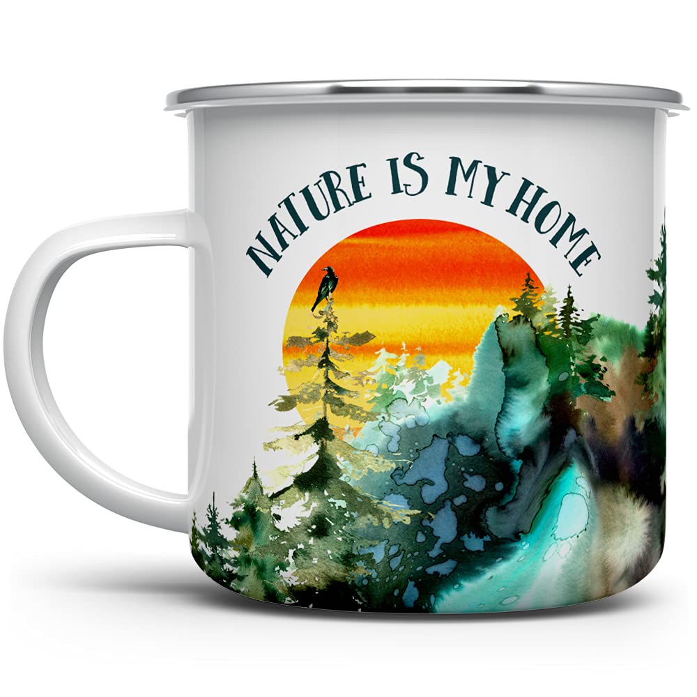 Loftipop Nature is My Home Enamel Campfire Coffee Mug, Outdoor Adventure Enthusiast Camping Cup, Mountains Wildlife Hiking Camp Lover Gift (12oz)