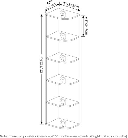 Furinno PASIR 5-Tier Corner Bookshelf - Stylish Open Shelf Bookcase for Home Organization | White, 9.3 x 12 x 51.7