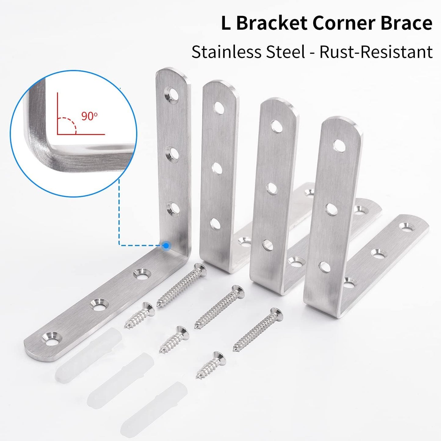 YUMORE L Bracket, 4x4 Inch Max Load: 25lb/12kg Heavy Duty Stainless Steel Solid Shelf Support Corner Brace Joint Right Angle Bracket, Pack of 4