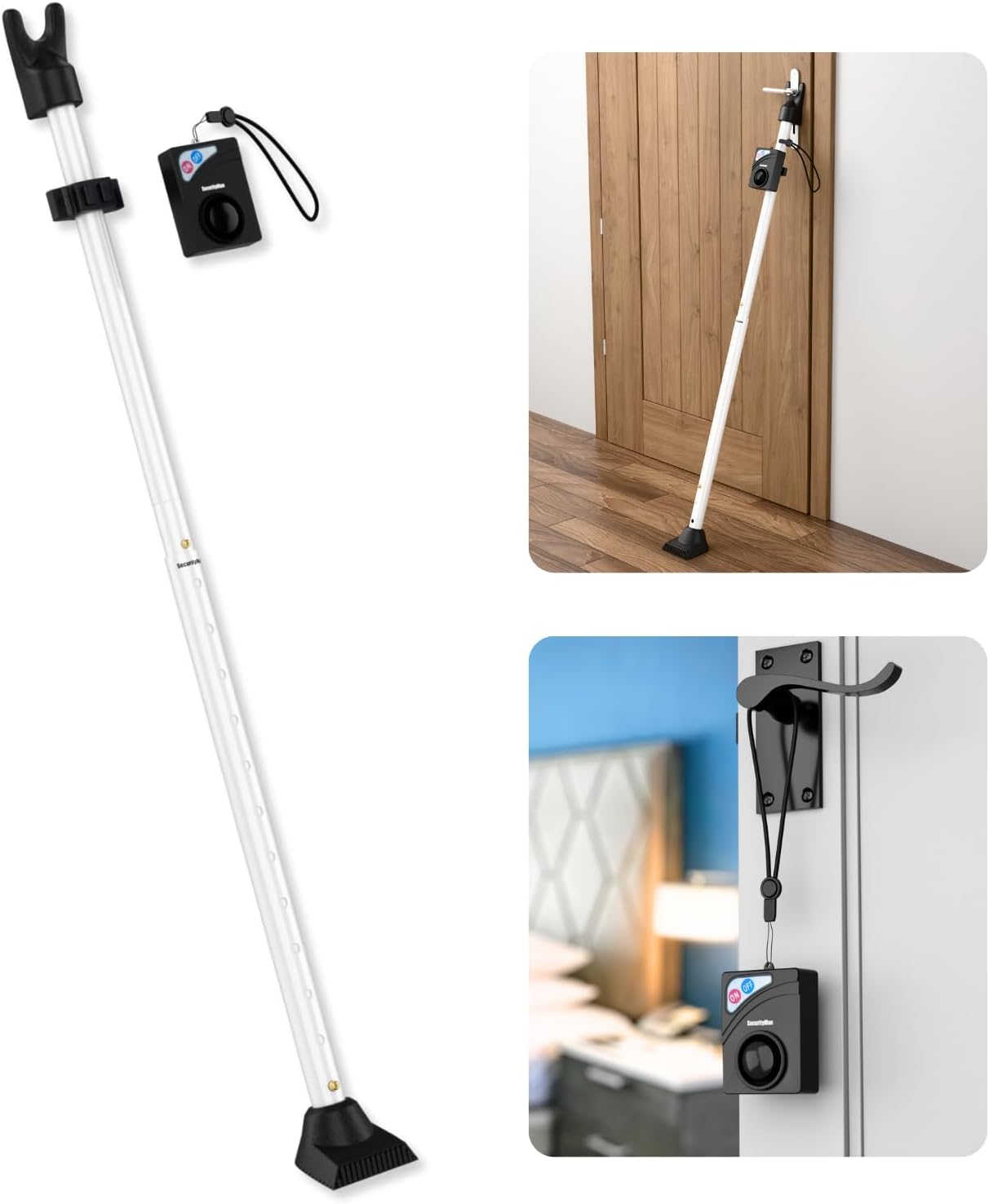 SECURITYMAN 120dB Jammer 400lbs Door Security Bar with Alarm (Detachable) - Siren Door Stopper Alarm - Adjustable