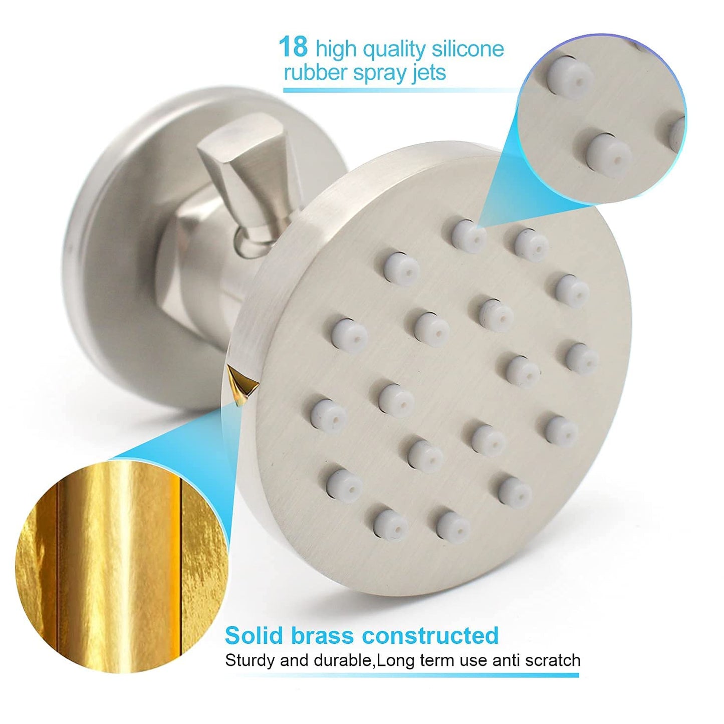 (Upgrade) Backnets Solid Brass Shower Body Spray with On Off Round Massage body jets Wall Mount Spa Jet Shower Heads, 2 inch Shower Body Sprayers Brushed Nickel, Rotating Shower Jet Water Flow Control