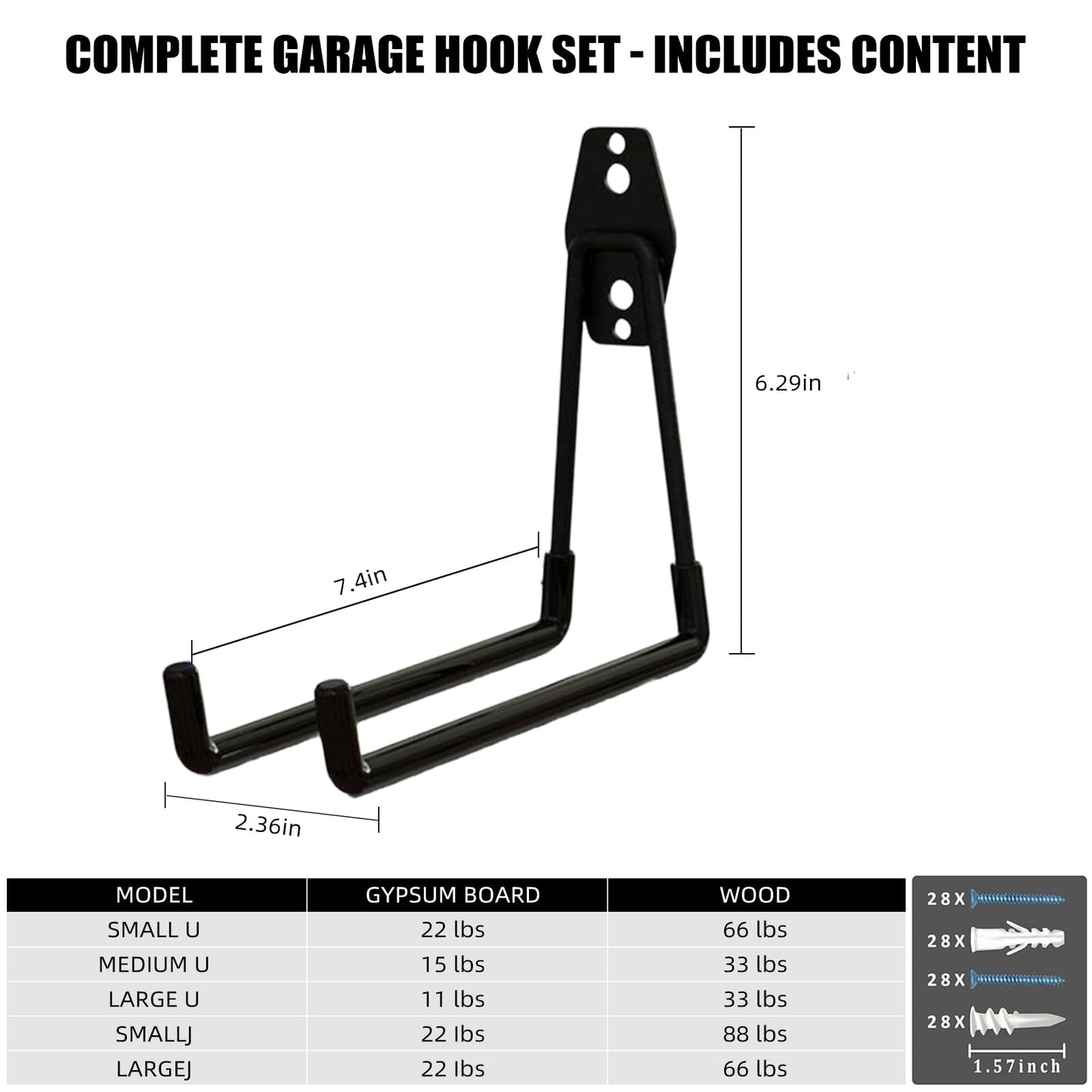 CRXCRC Garage Hooks, 4 Pack 7.7inch Large Square Wall Hooks for Hanging Heavy Duty Ladders, Bikes, Tools Ideal for Garage, Garden, Basement Utility Room Storage (Black)
