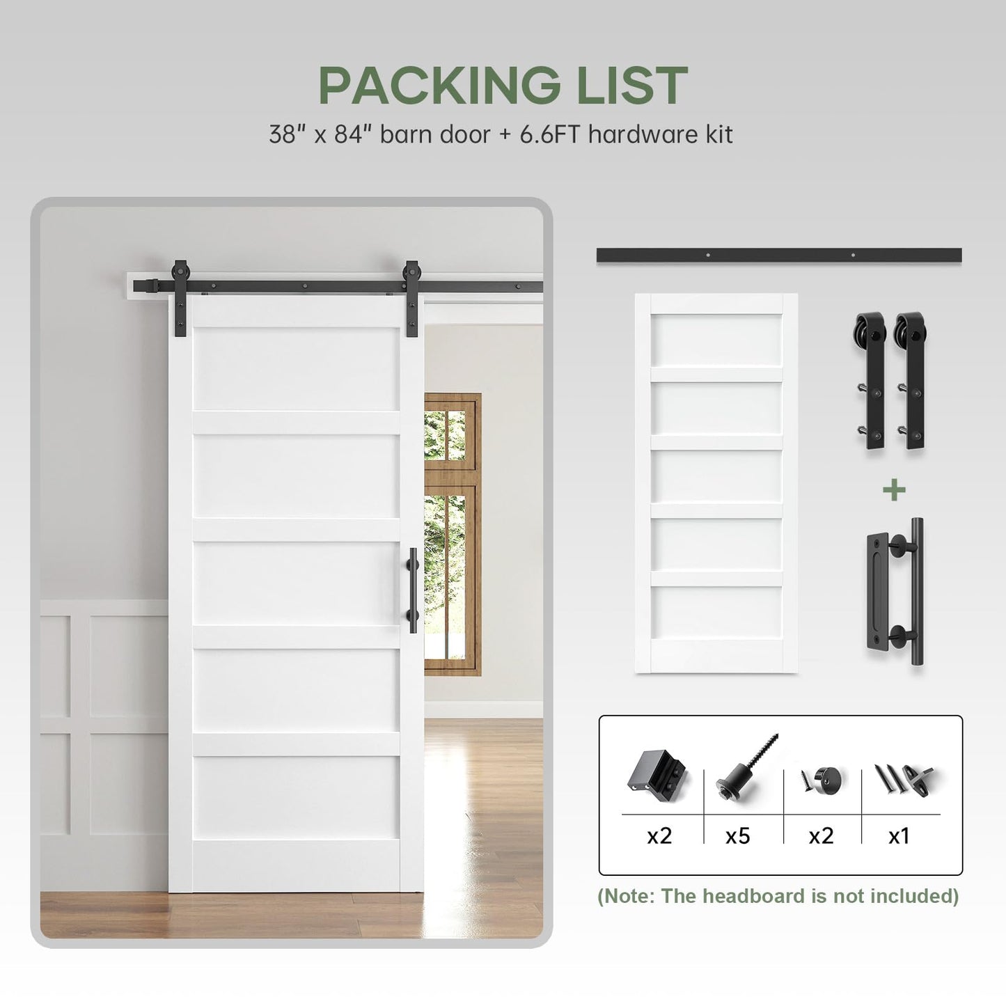 ROYMELO 38x84 Inch White Sliding Barn Door Slab with 6.6ft Hardware Kit Included, 5-Panel, MDF Wood Panel Covered with Water-Proof Scratch-Proof PVC Surface, Simple DIY Assembly