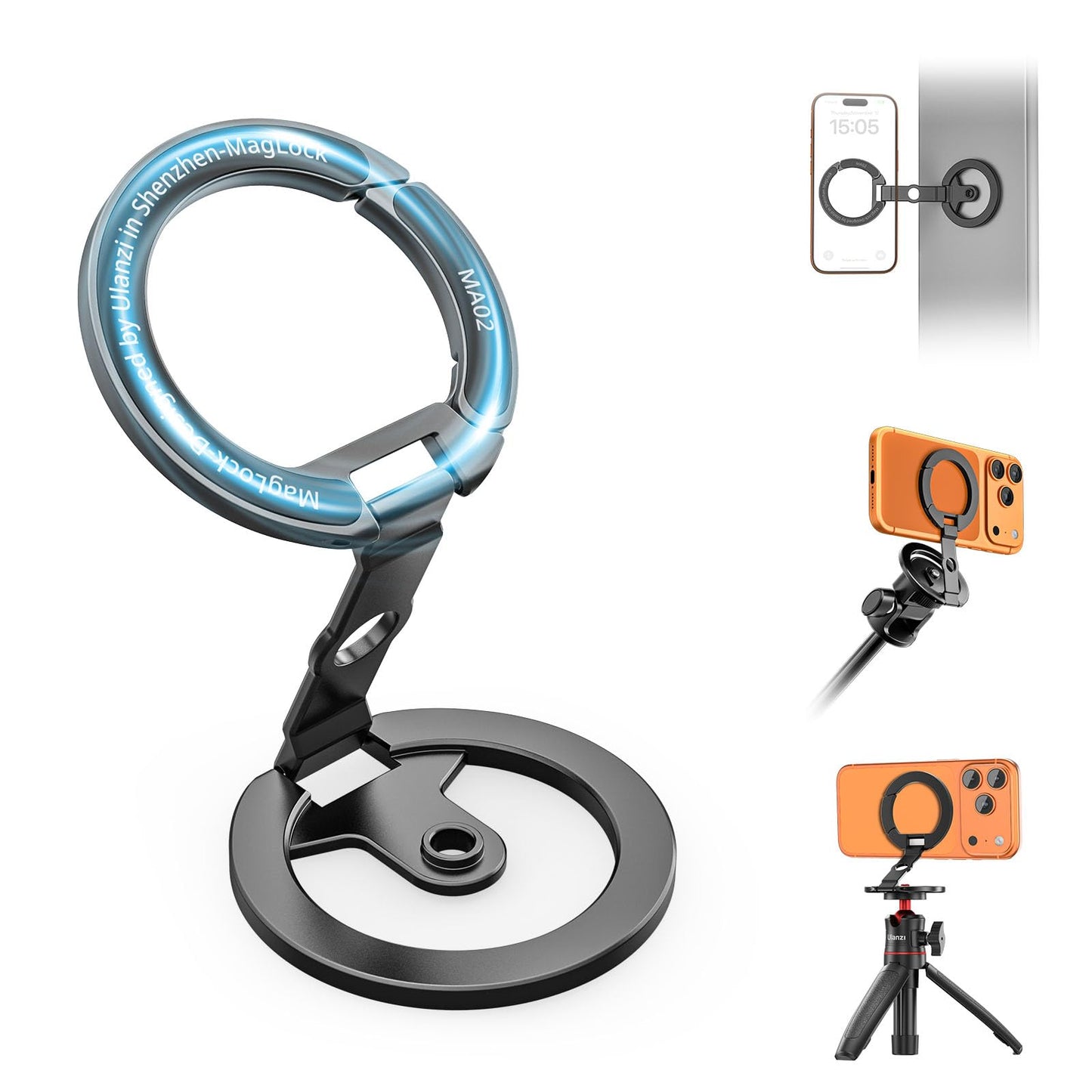 ULANZI MA02 Dual Magnetic Phone Holder for Gym, Gym Phone Mount for MagSafe/iPhone 17-12, Foldable Phone Tripod Mount with 1/4" Screw for Gym, Workout, Kitchen or Any Metal Surface, Black
